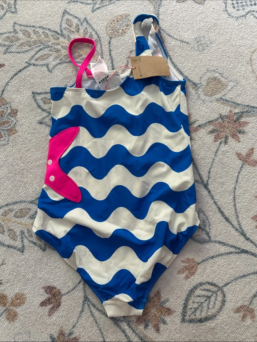 BODEN | Girls' 9-10Y Blue & White Wave One-Piece Swimsuit with Starfish